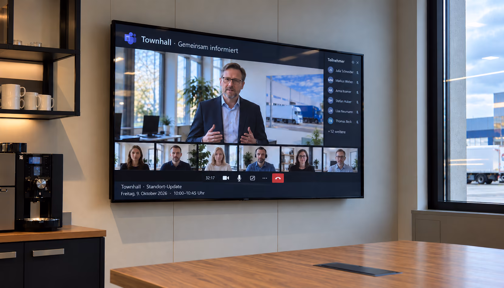 Wanddisplay im Pausenbereich mit einer Microsoft Teams Townhall und zugeschalteten Teilnehmenden