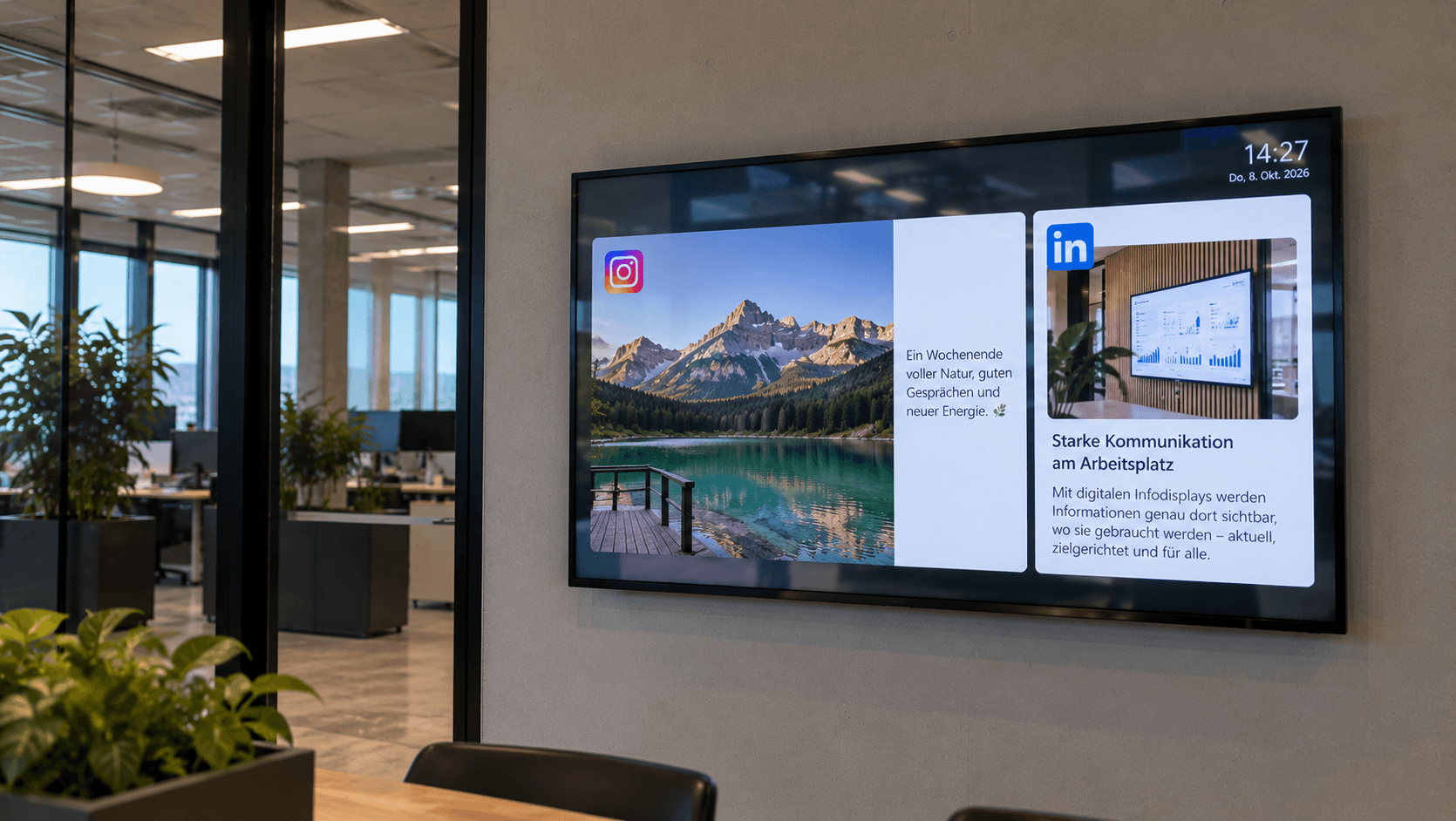 Wanddisplay im Büro mit einem Instagram-Beitrag und einem LinkedIn-Beitrag nebeneinander