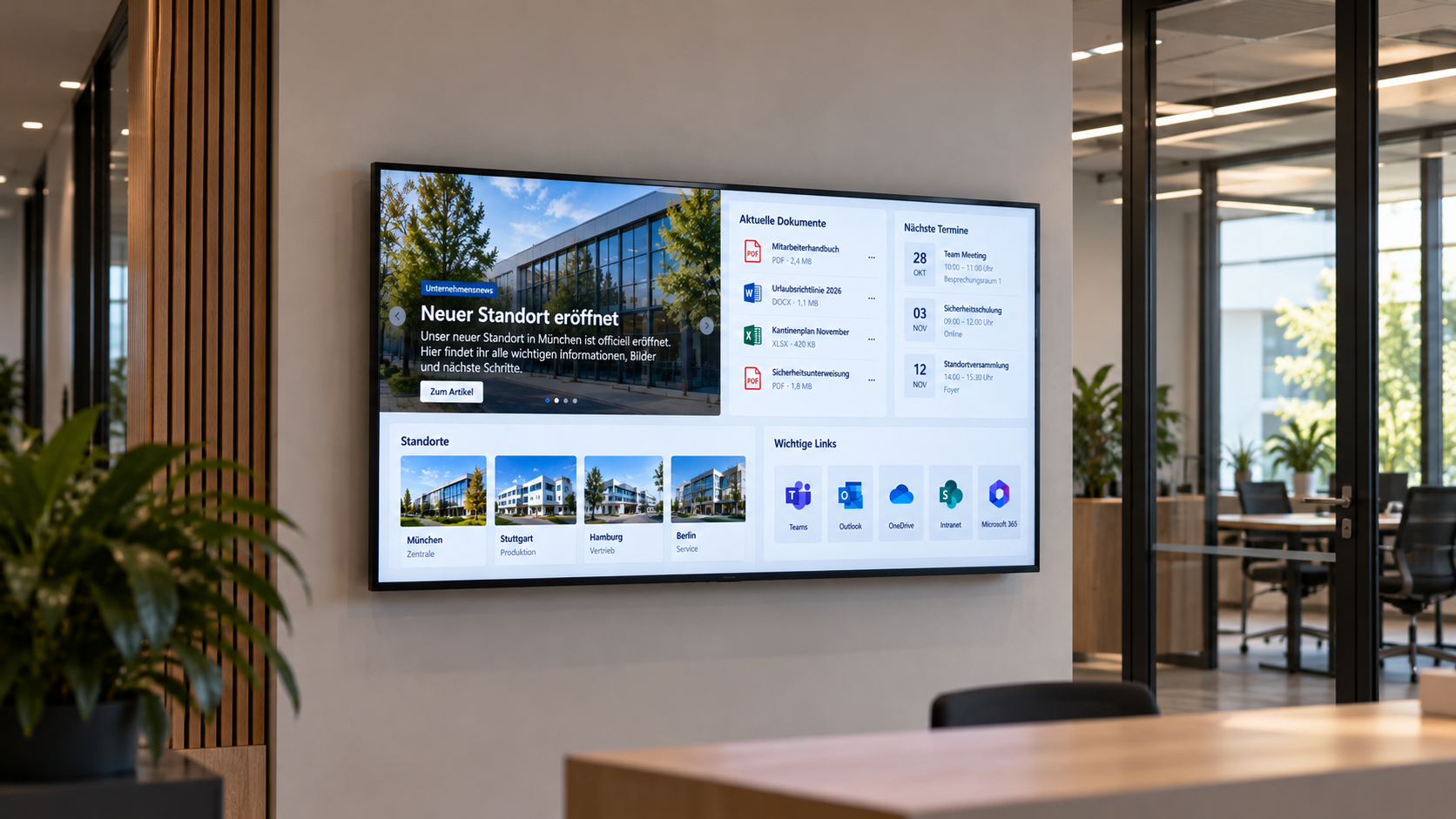 Wanddisplay im Büro mit Unternehmensnachrichten, Terminen, Standorten und Microsoft-365-Anwendungen