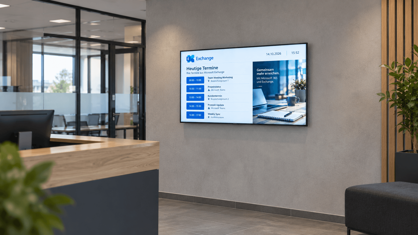 Wanddisplay am Empfang mit Tagesübersicht der Termine aus Microsoft Exchange