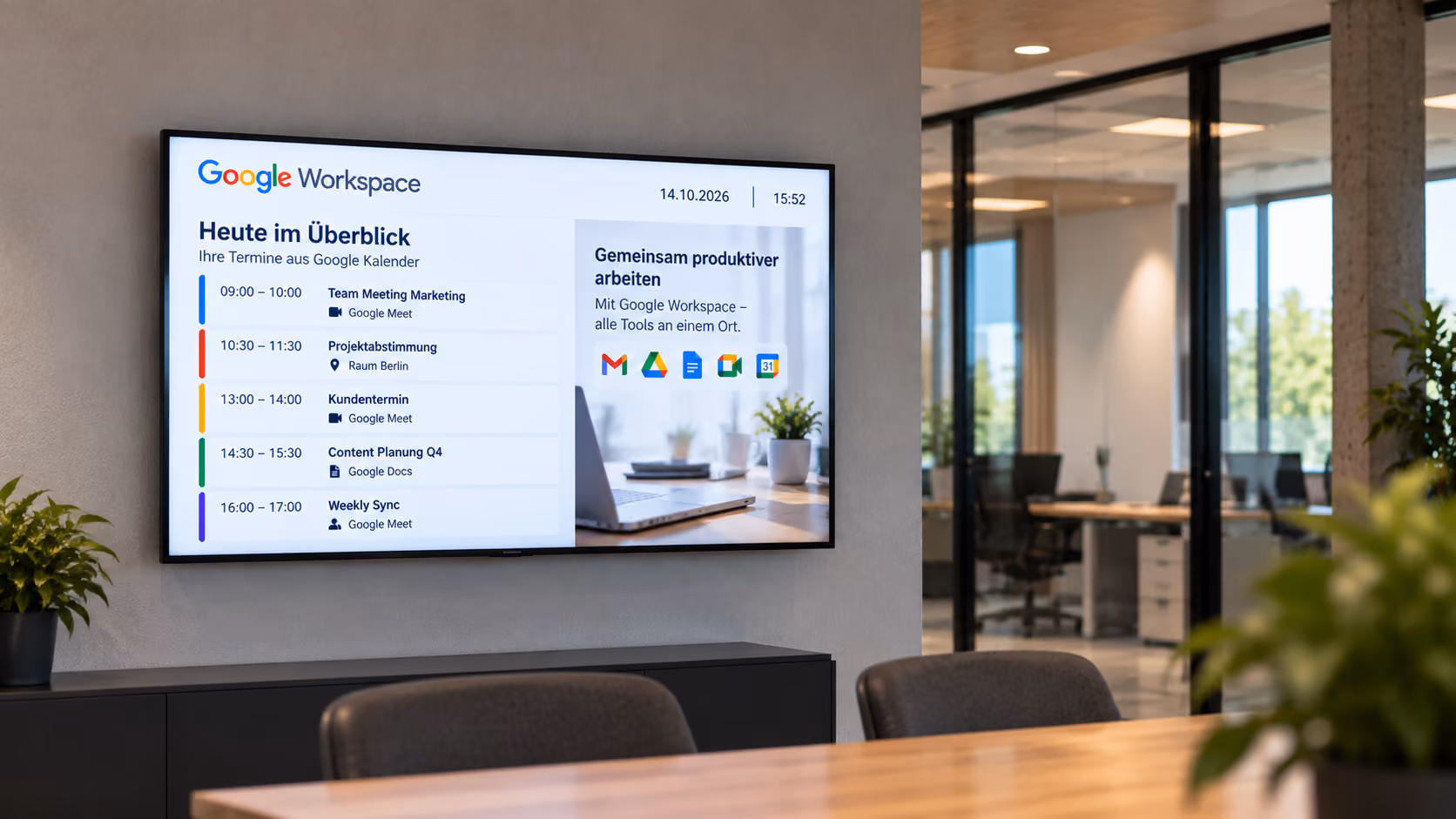 Wanddisplay im Büro mit Google-Kalenderterminen und Informationen zu Google Workspace
