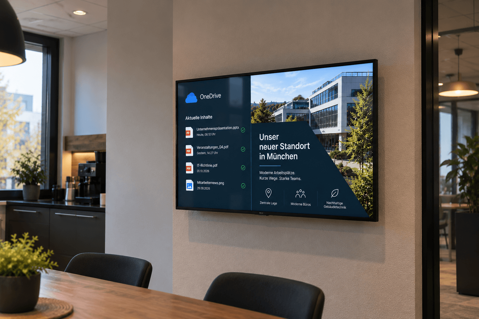 Digital Signage Display mit einer SharePoint-Seite für Unternehmensinformationen