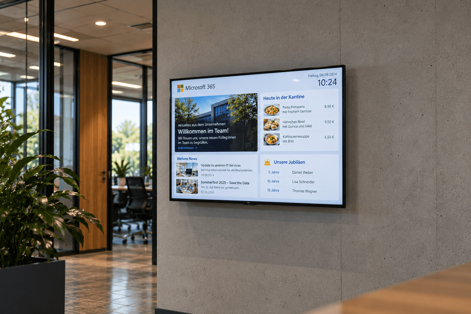 Raumbuchungsdisplay neben einer Besprechungsraumtür mit Belegungsstatus und nächstem Termin