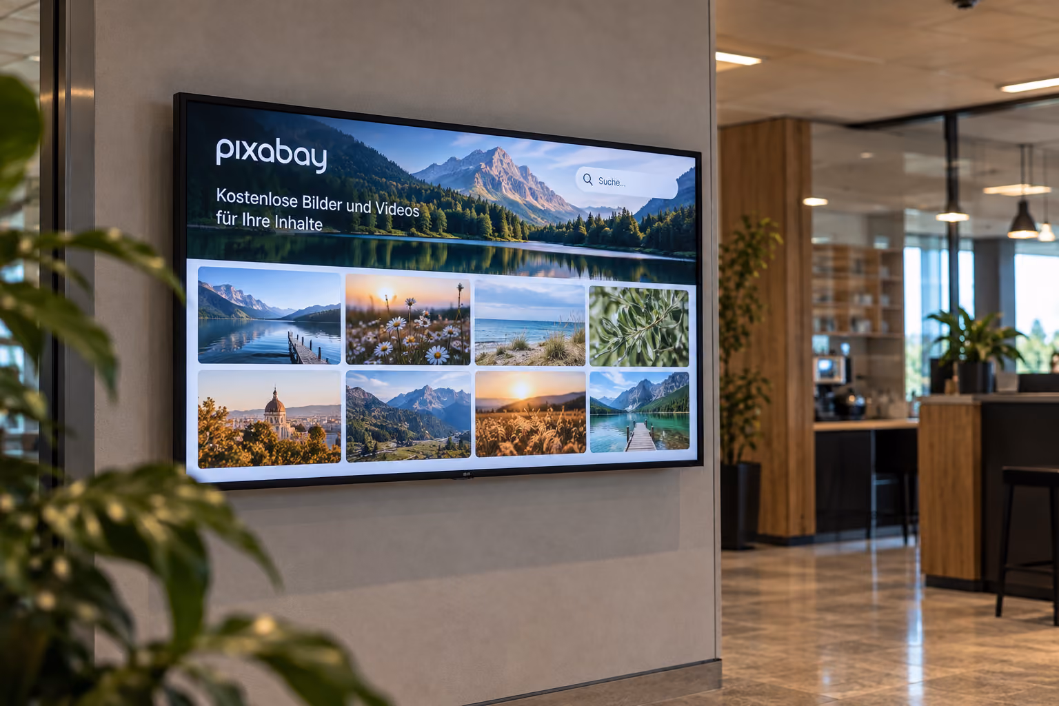 Digital Signage Display im Empfangsbereich mit Pixabay-Motiven einer Berglandschaft, eines Pilzes und von Blumen