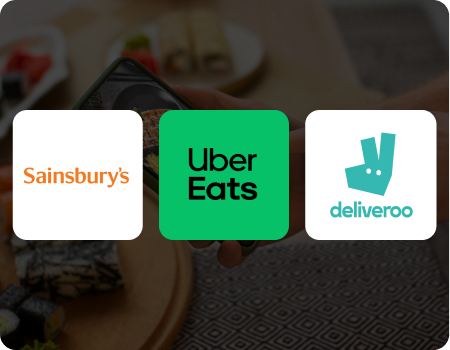 Logos of Sainsbury's, Uber Eats, and Deliveroo displayed over a blurred background of a person holding a smartphone with food in the background.