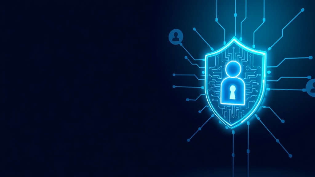 Digital identity security concept with interconnected user icons and shield on dark blue background