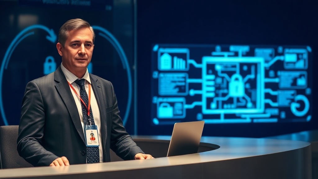 Person showing ID badge at office reception desk, cybersecurity social engineering attack concept
