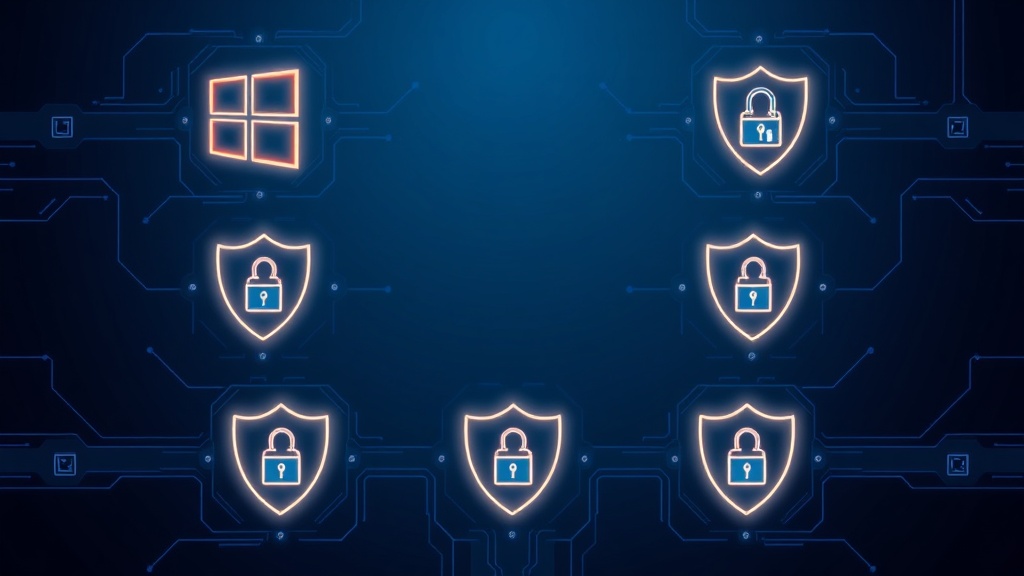 Windows security patch update concept with shield icons on dark blue tech background
