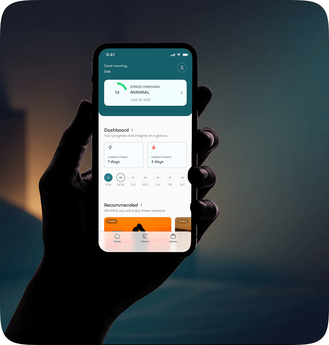 A phone mock-up showing the home screen of the Roga app