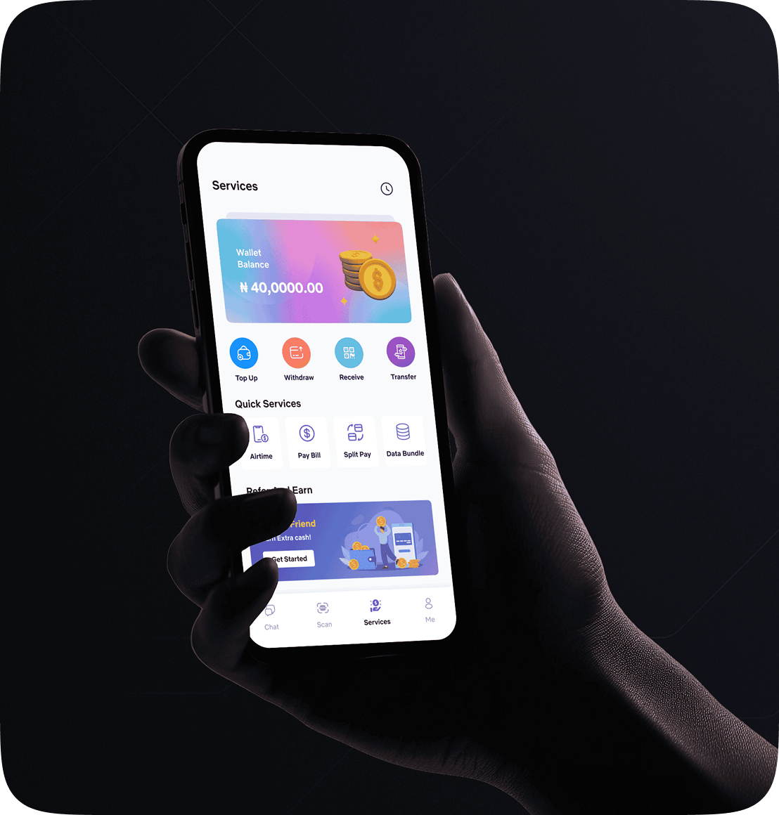 A phone mock-up showing the Services screen of the Speso app
