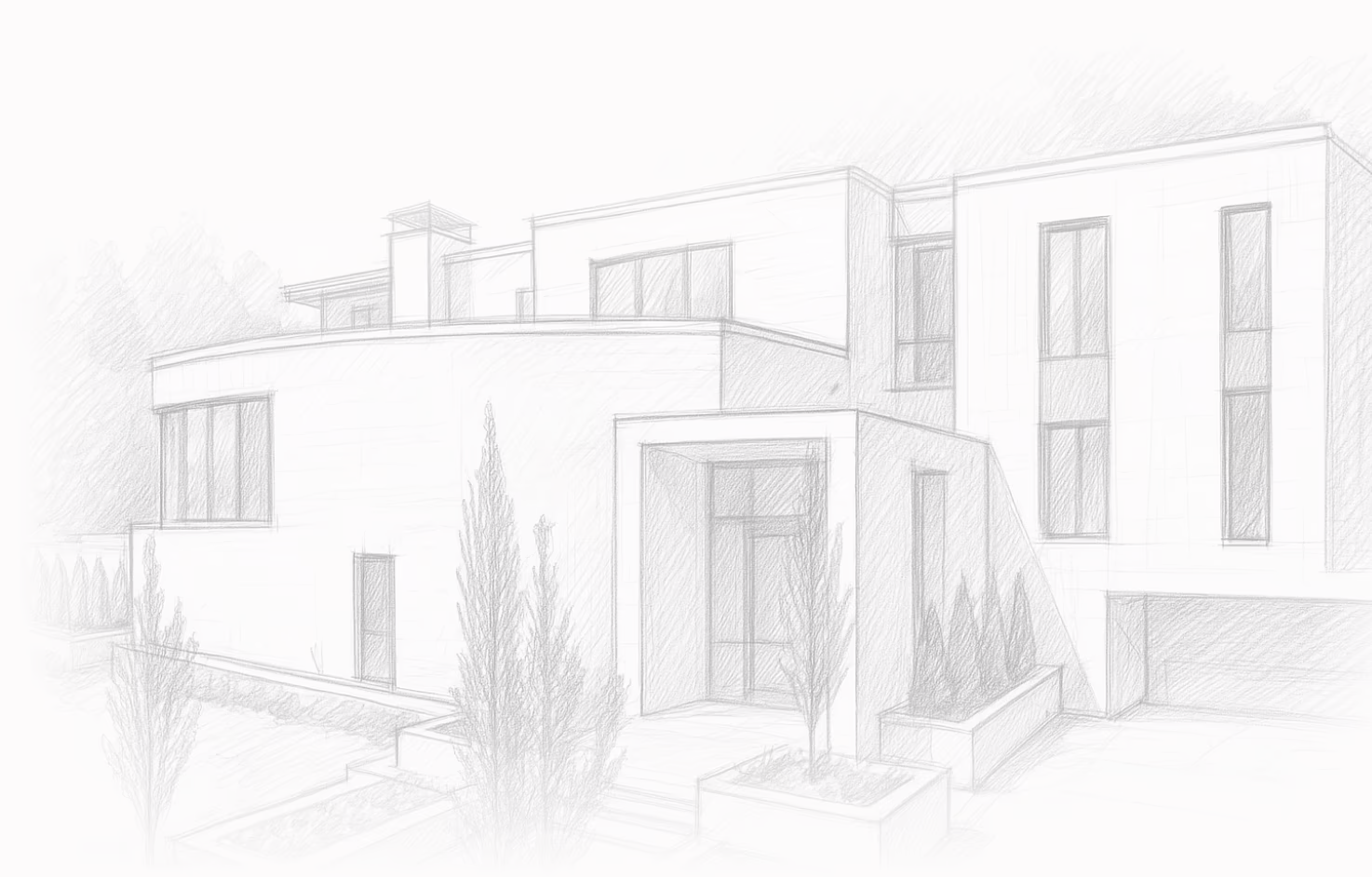 Pencil sketch of a modern two-story house with large windows and surrounding shrubbery.