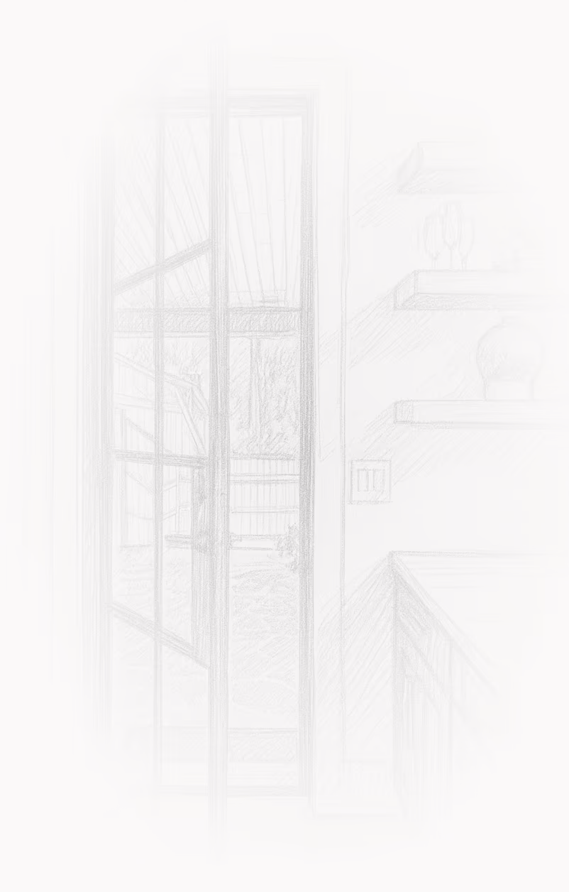 Pencil sketch of a glass door opening to an outdoor patio with shelves and a countertop inside.