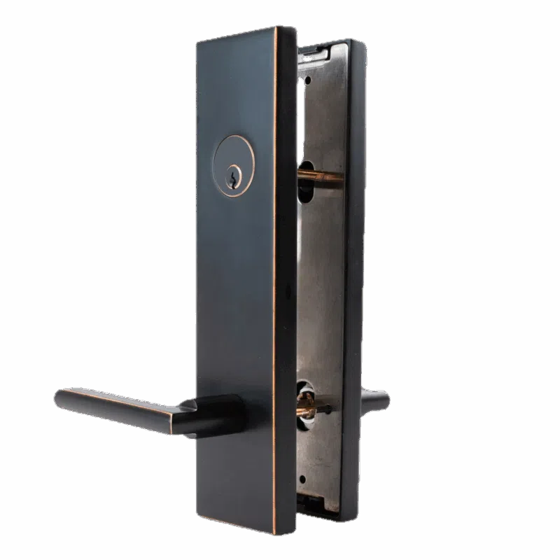 Oil-rubbed bronze and brass lever door lock with a rectangular faceplate and keyhole.
