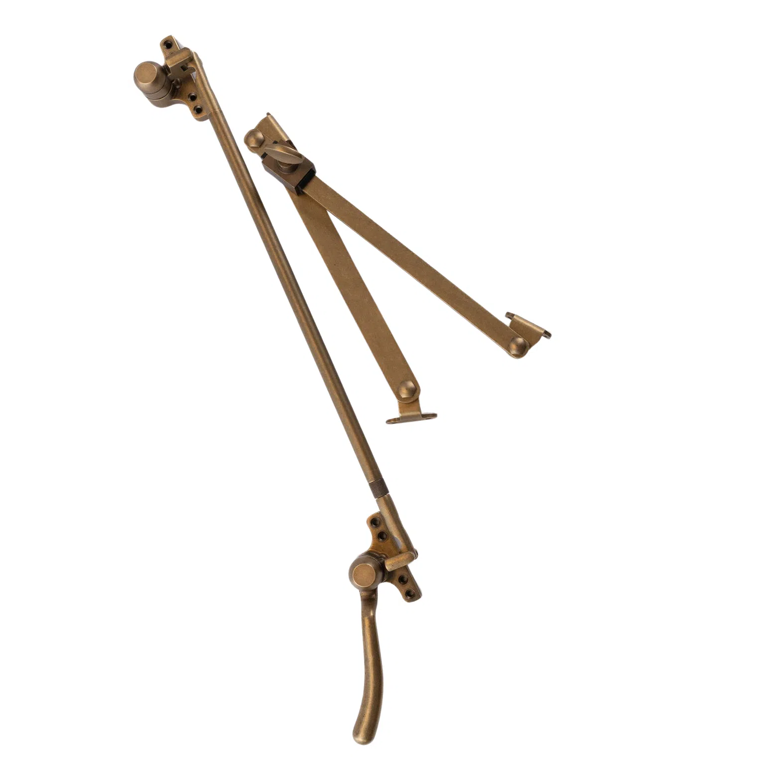 Bronze window operator hardware with handle and articulated arms isolated on white background.