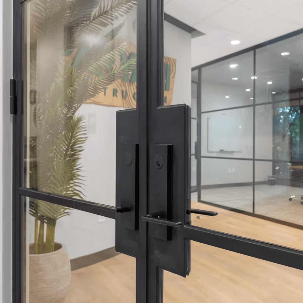 Black metal handles on glass double doors leading to a modern office space with wood flooring and a potted plant visible inside.