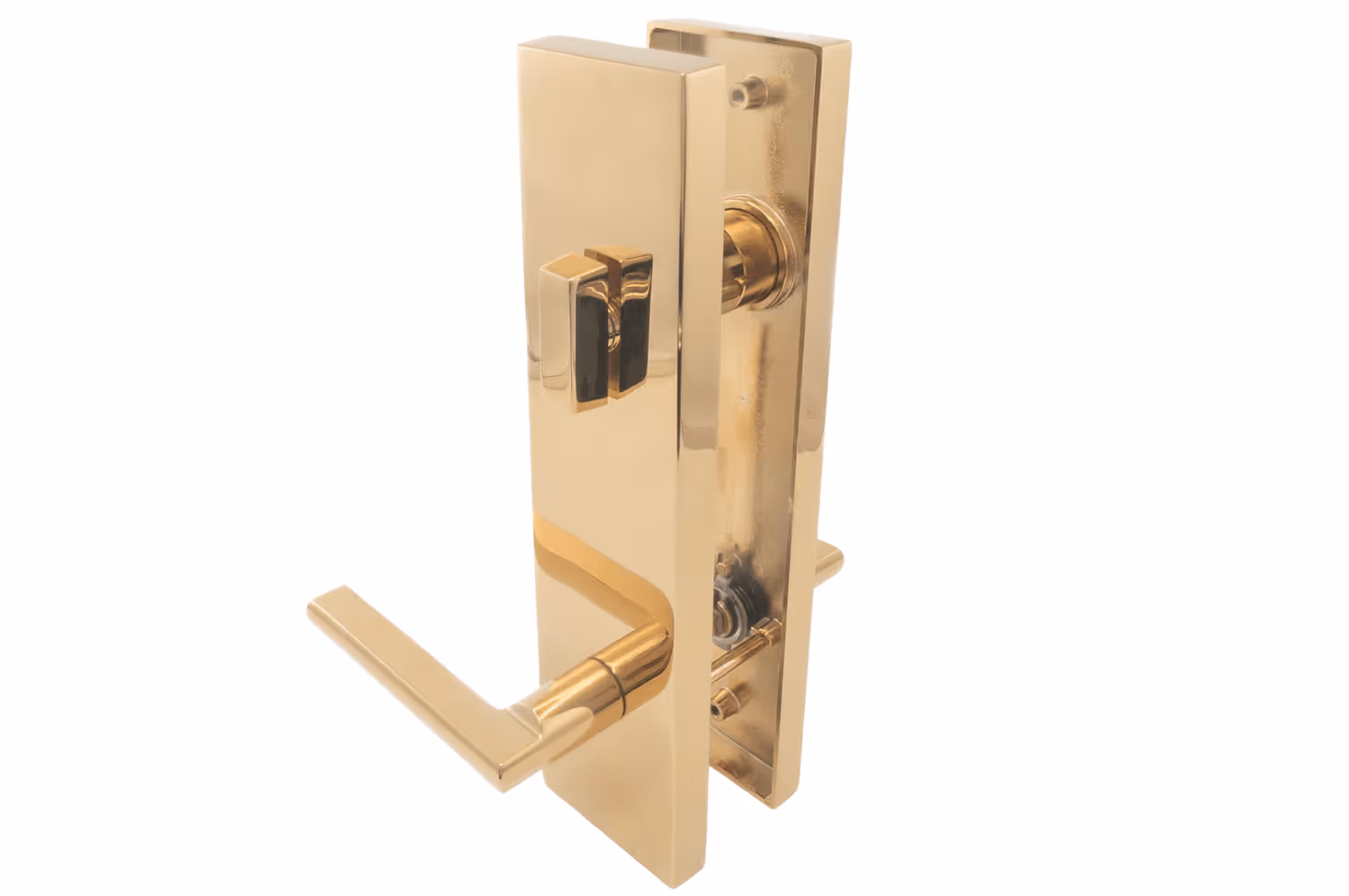Shiny brass door handle with a rectangular plate and square thumb turn lock.