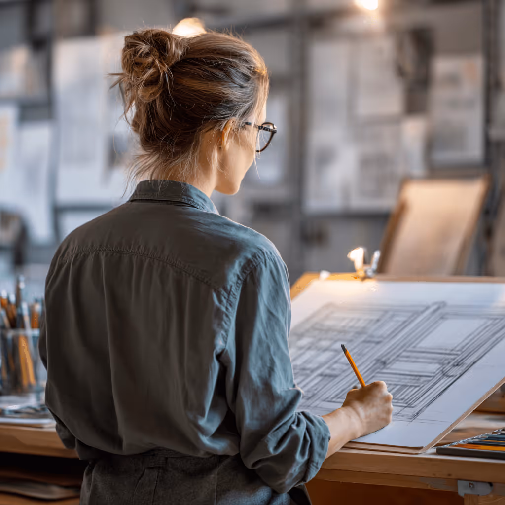 Woman with glasses and hair tied up working on architectural drawings at a drafting table.