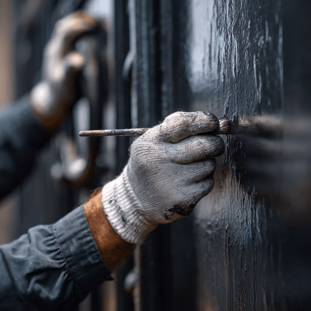 Close-up of a person wearing a glove painting a black surface with a paintbrush.