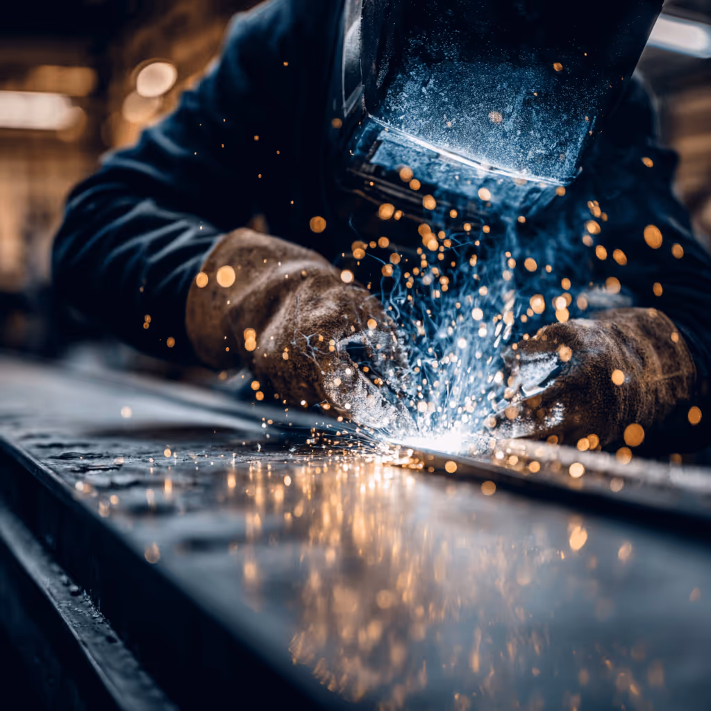 Welder wearing protective gloves and mask working on metal with sparks flying.