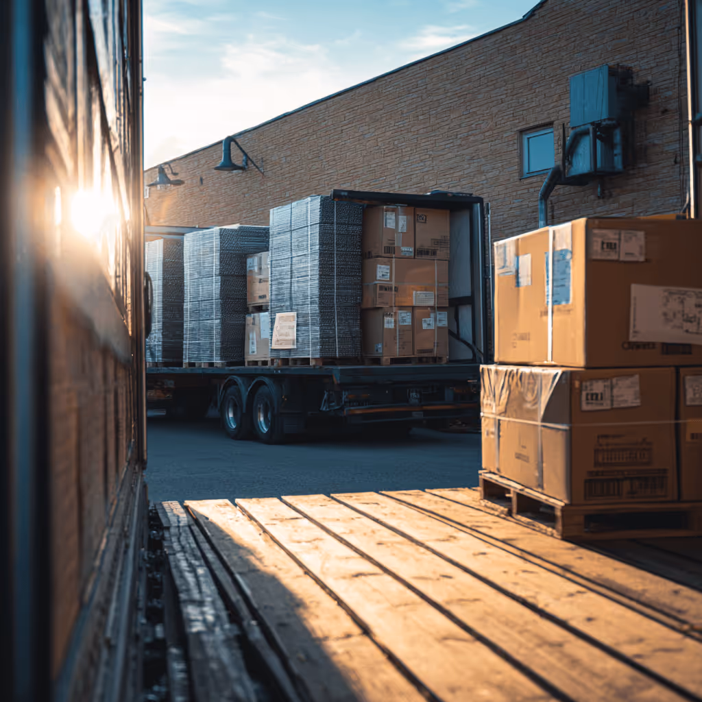 Truck trailers loaded with pallets of boxes parked outside a warehouse at sunset.