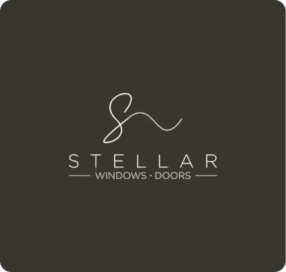 Logo with stylized initials and text 'STELLAR WINDOWS · DOORS' on dark background.