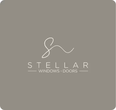 Stellar Windows and Doors logo with stylized initials and minimalist text on a gray background.