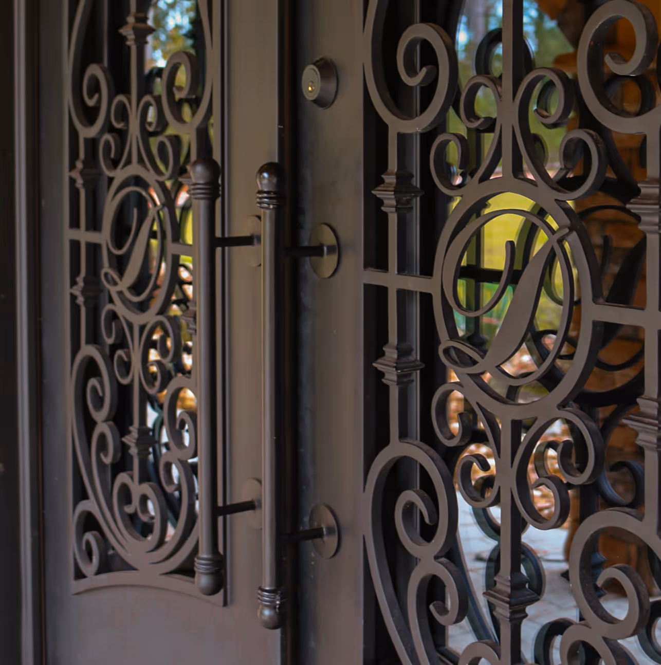 Close-up of ornate black iron double doors with scrollwork and oval-shaped handles.