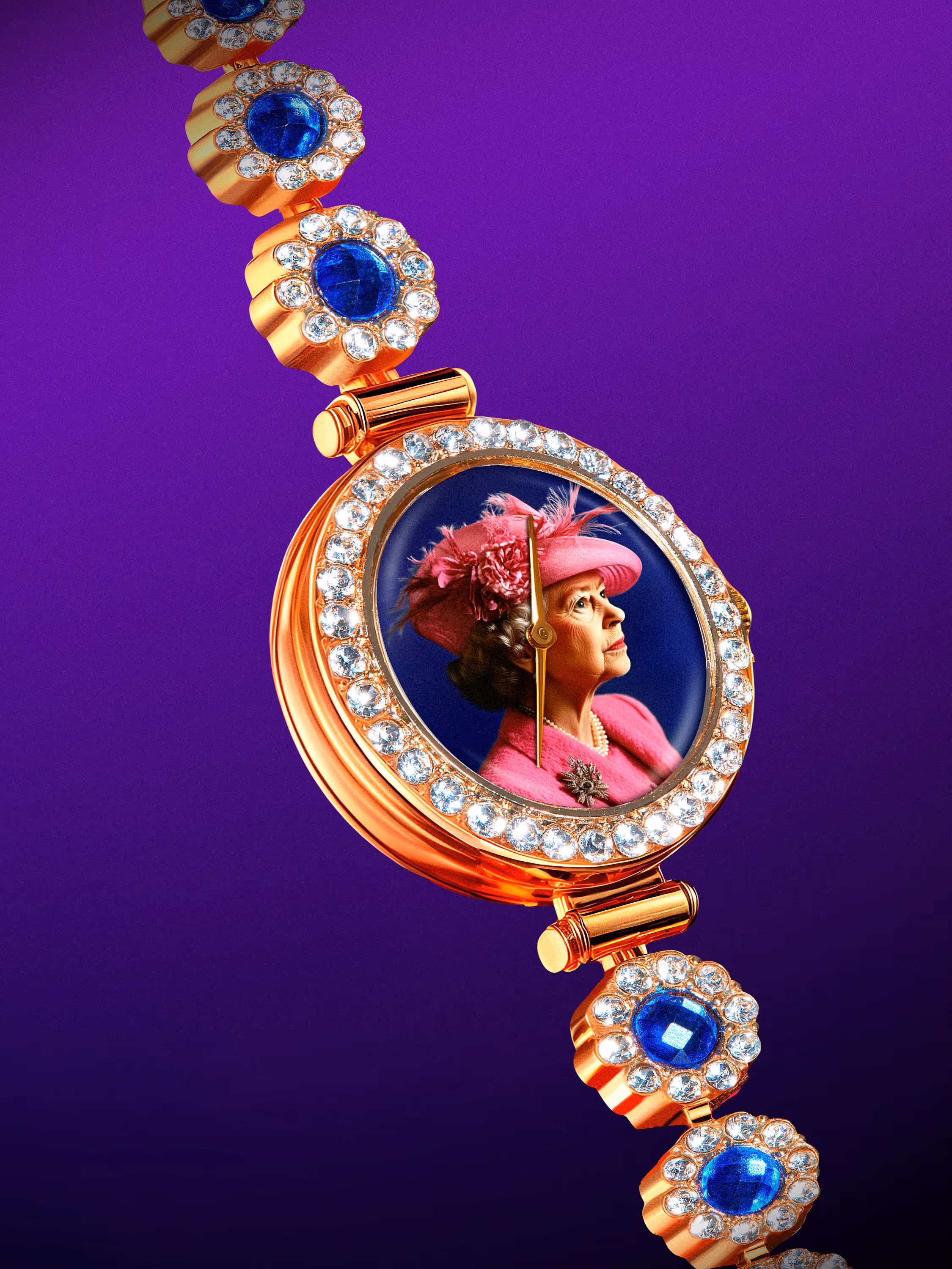 Gold bracelet watch adorned with diamonds and blue gemstones, featuring a clock face displaying a portrait of an elderly woman in a pink hat and outfit.