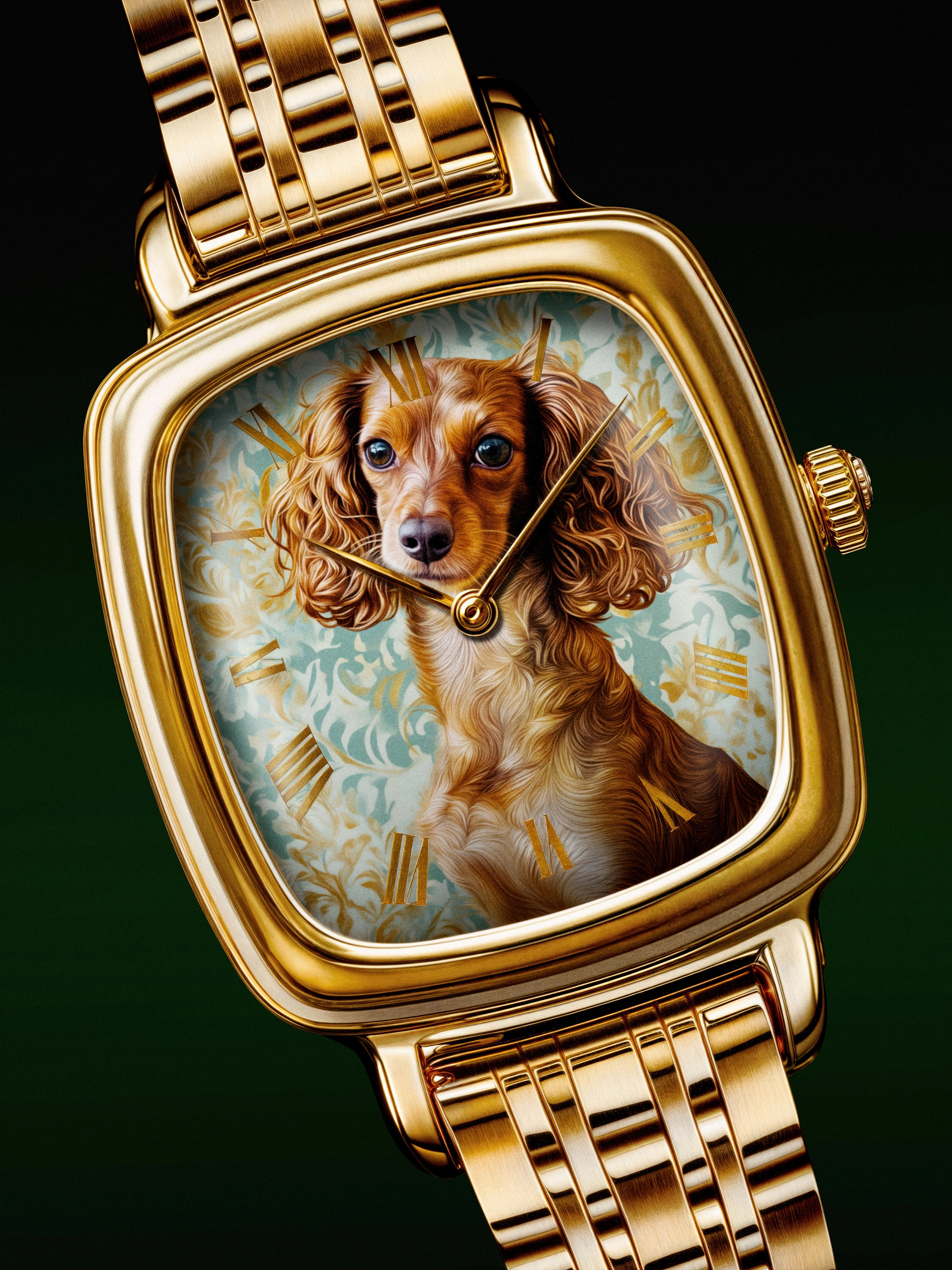 Gold wristwatch with a detailed dog portrait and Roman numerals on the watch face.