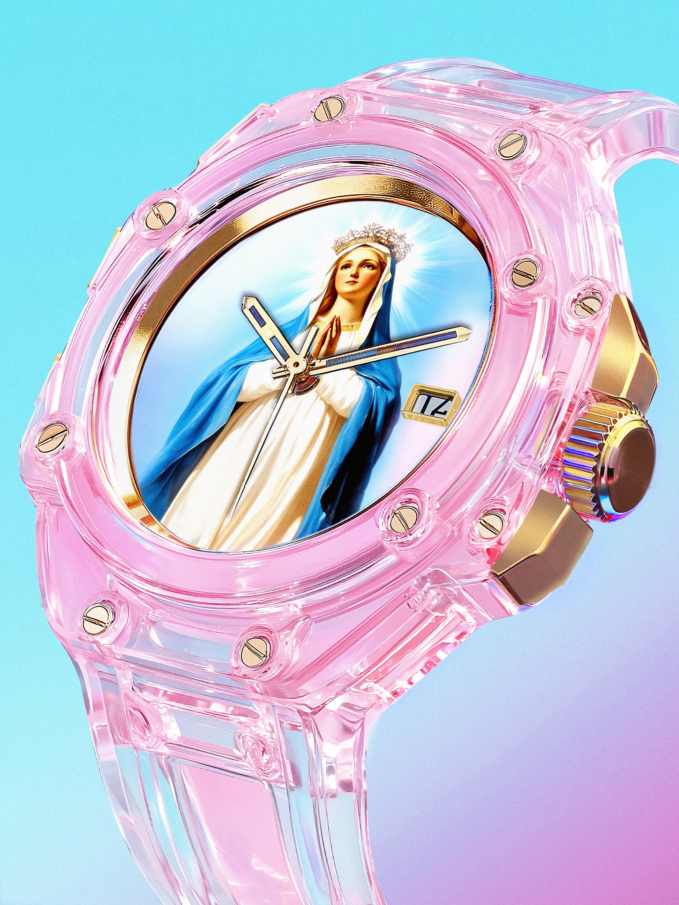 Close-up of a translucent pink wristwatch with gold screws and crown, featuring an image of the Virgin Mary wearing a blue veil on the watch face.