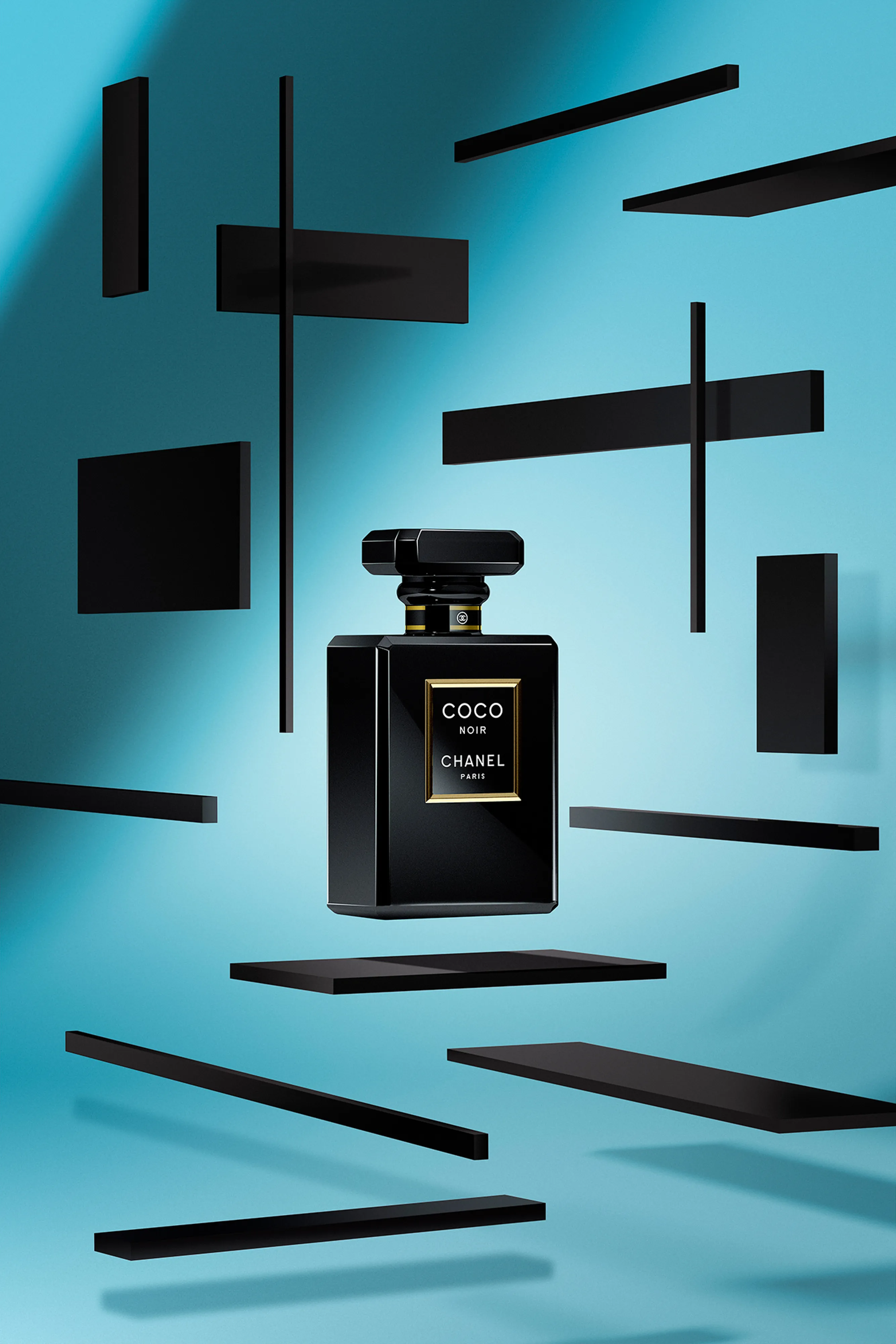 Black Coco Noir Chanel perfume bottle floating among black rectangular shapes on a blue gradient background.