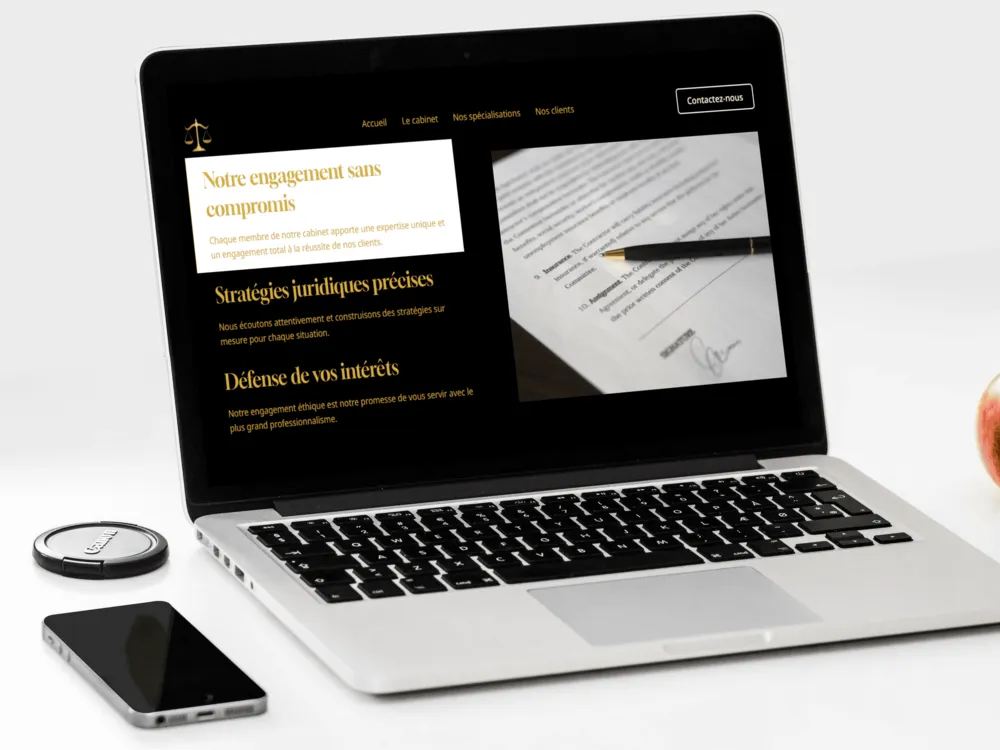 Présentation d'une page services d'un site internet d'un cabinet d'avocats sur un ordinateur.