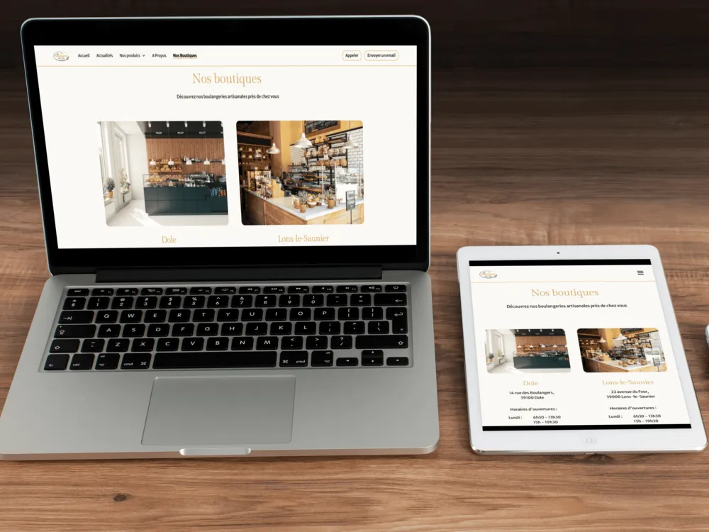 Présentation d'une page boutiques d'un site internet d'une boulangerie sur un ordinateur et une tablette.