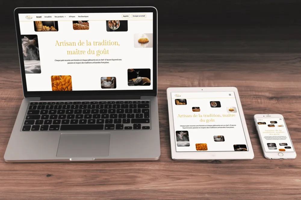 Présentation d'une page d'accueil d'un site internet d'une boulangerie sur un ordinateur, une tablette et un téléphone portable.