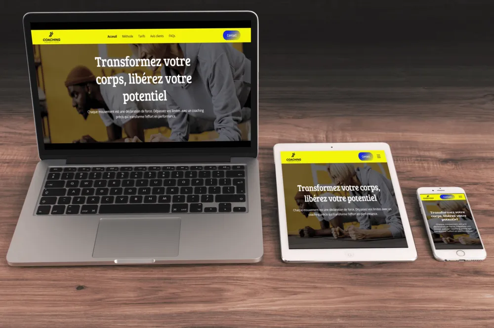 Présentation d'une page d'accueil d'un site internet d'un coach sportif sur un ordinateur, une tablette et un portable.