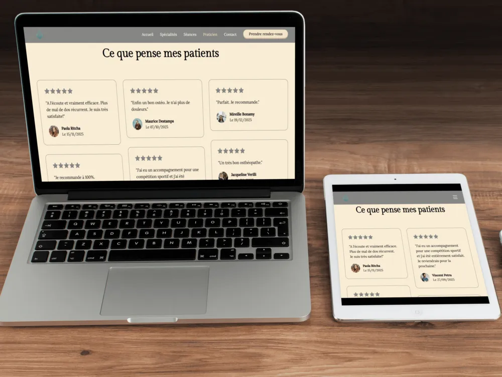 Présentation d'une page témoignages d'un site internet d'un ostéopathe sur un ordinateur et une tablette.