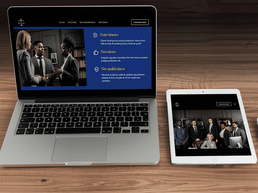 Présentation d'une page de valeurs d'un site internet d'un cabinet d'avocats sur un ordinateur et une tablette.