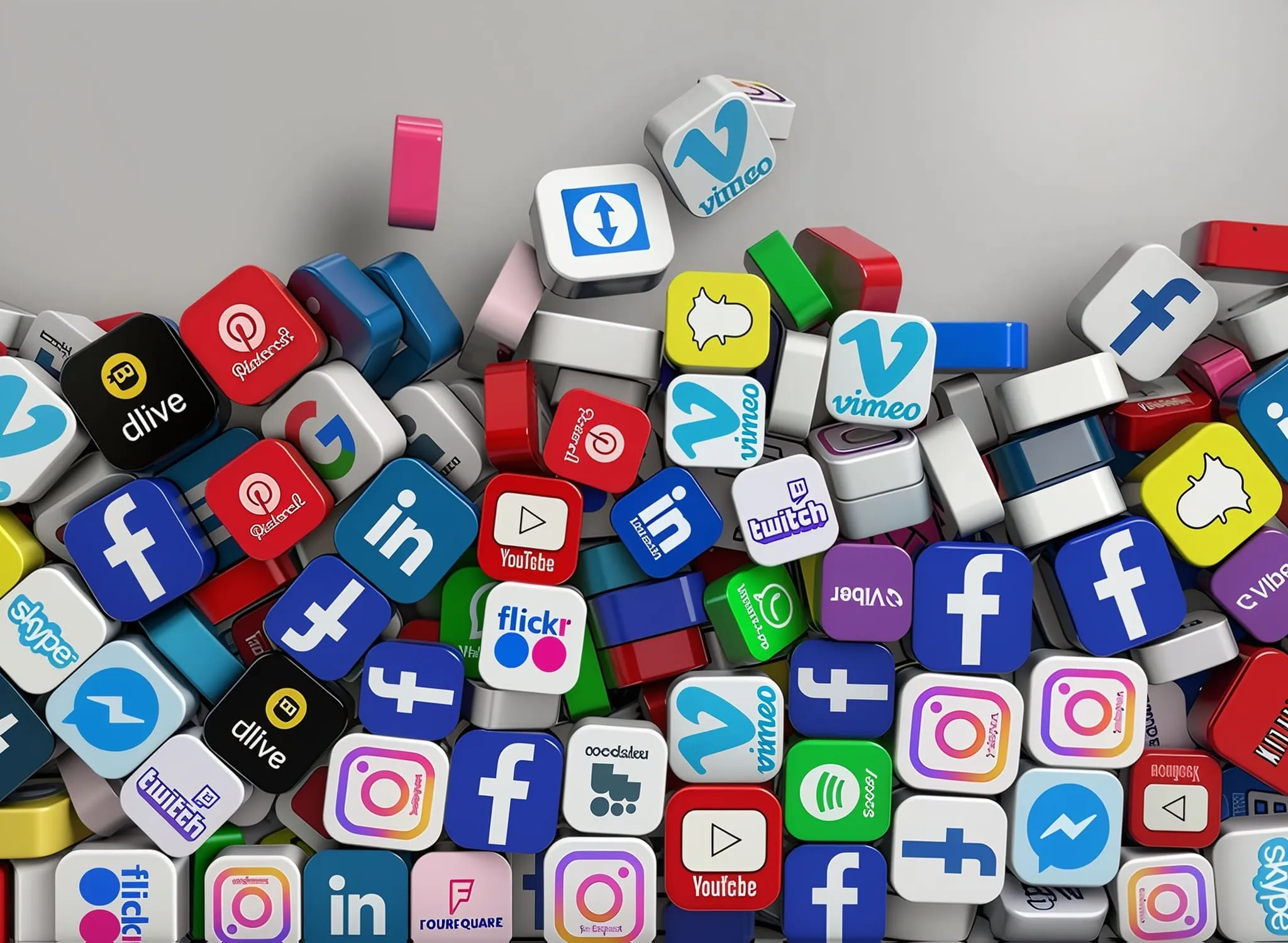 Cubes colorés empilés avec les logos des réseaux sociaux populaires comme Facebook, Instagram, LinkedIn, YouTube, Twitter, Pinterest et Twitch.