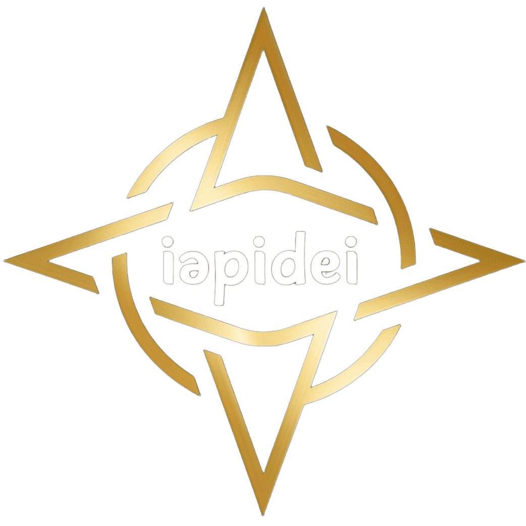 Logo doré avec un motif en forme d'étoile et le texte blanc « iapidei » au centre.