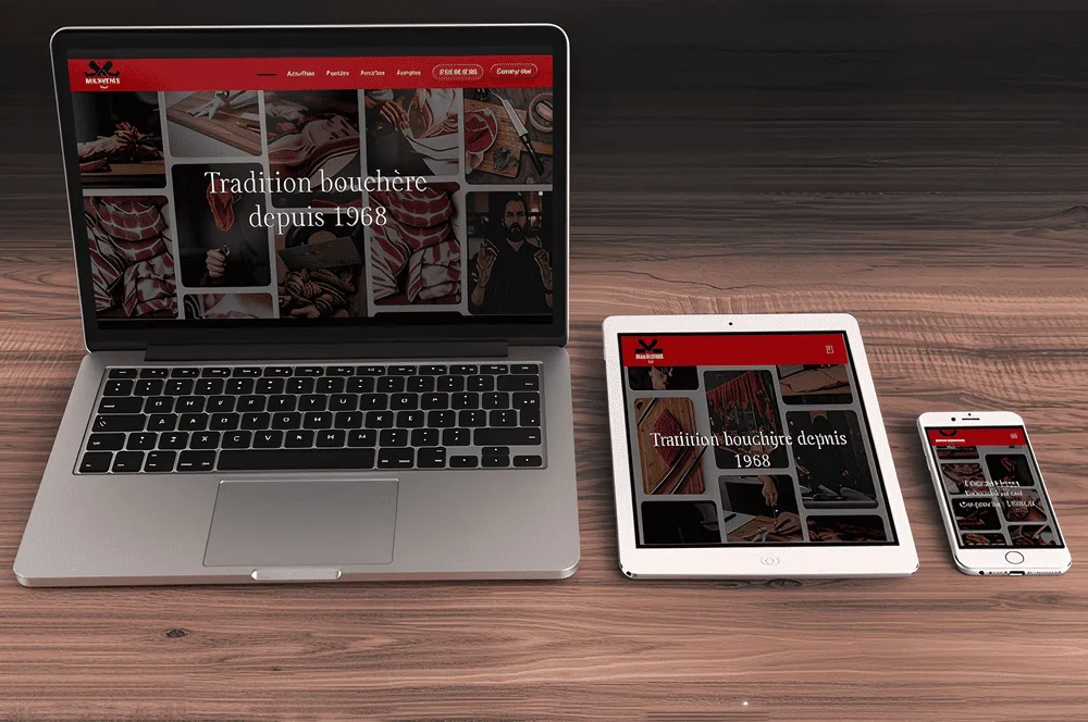 Ordinateur portable, tablette et smartphone affichant un site web de boucherie avec le texte « Tradition bouchère depuis 1968 » sur fond de photos de viande.
