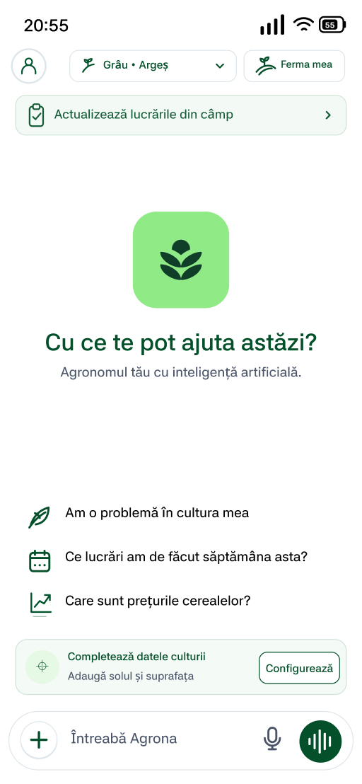 Ecranul real Agrona: chat cu agronomul AI, selector de cultură și actualizarea lucrărilor din câmp