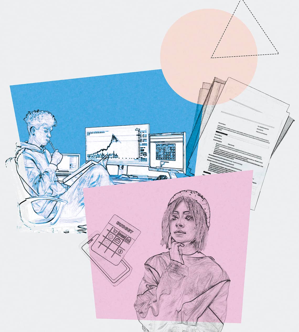 Illustration junger Menschen zwischen Finanzdaten, Verträgen und Budgetplanung als Sinnbild für Sorgen um Wohlstand und Zukunft.