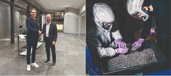 Partnerschaft mit Zukunft: Marcel Bartling (l.) von Websto und Gideon Schwich von Cylib (Bild links); Mitarbeiter von Cylib in einer Batterie-Recyclinganlage.