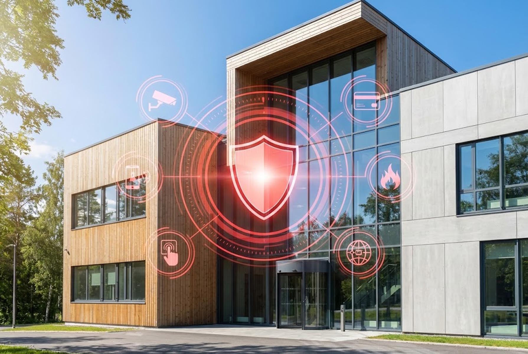 Moderne bygning med store vinduer og trepaneler, omgitt av trær, med digitale sikkerhetsikoner i rødt over inngangspartiet.