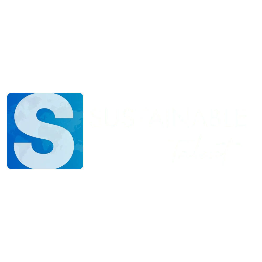 Logo with a large blue square containing a white letter S, next to the words Sustainable Talent in white text.