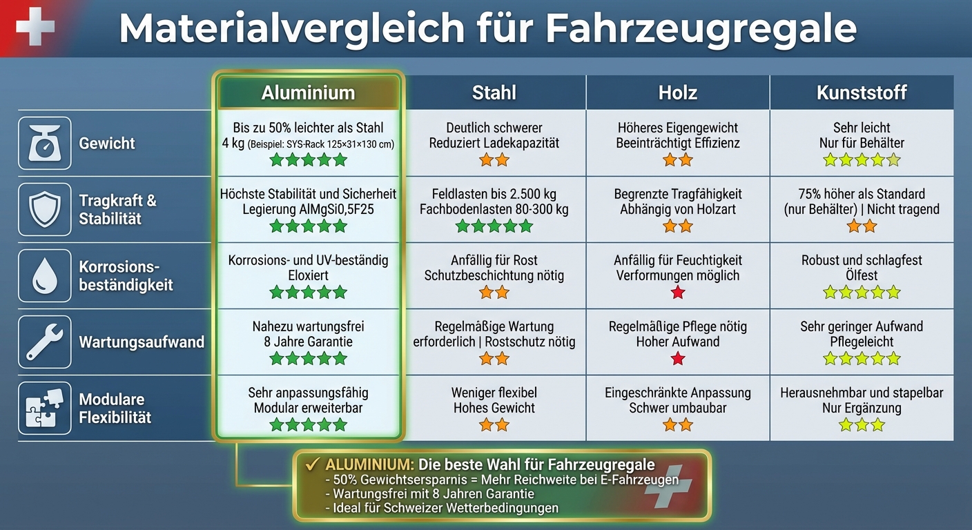 Materialvergleich Fahrzeugregale: Aluminium vs Stahl vs Holz vs Kunststoff