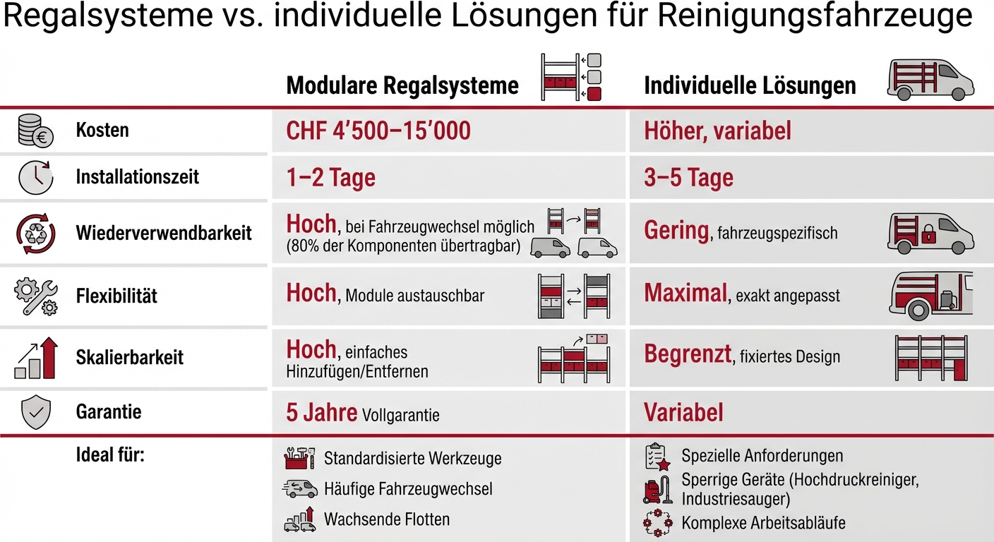 Modulare Regalsysteme vs. individuelle Lösungen für Reinigungsfahrzeuge: Vergleich Kosten, Zeit und Flexibilität