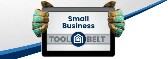 Hands in work gloves holding tablet with Small Business Tool Belt logo