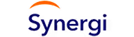 Synergi company logo with blue and orange curved text