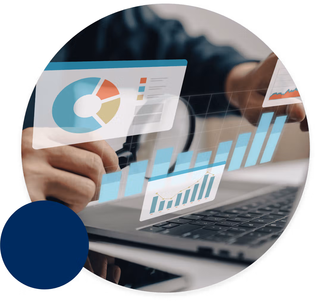 Business analytics dashboard with data visualization charts on laptop screen